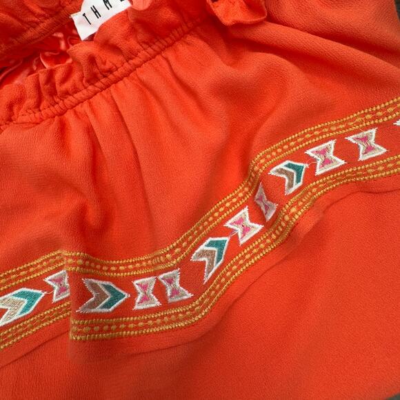 THML Orange Aztec-Inspired Embroidered Off Shoulder Ruffle Mini Dress Sz Medium - Picture 10 of 13